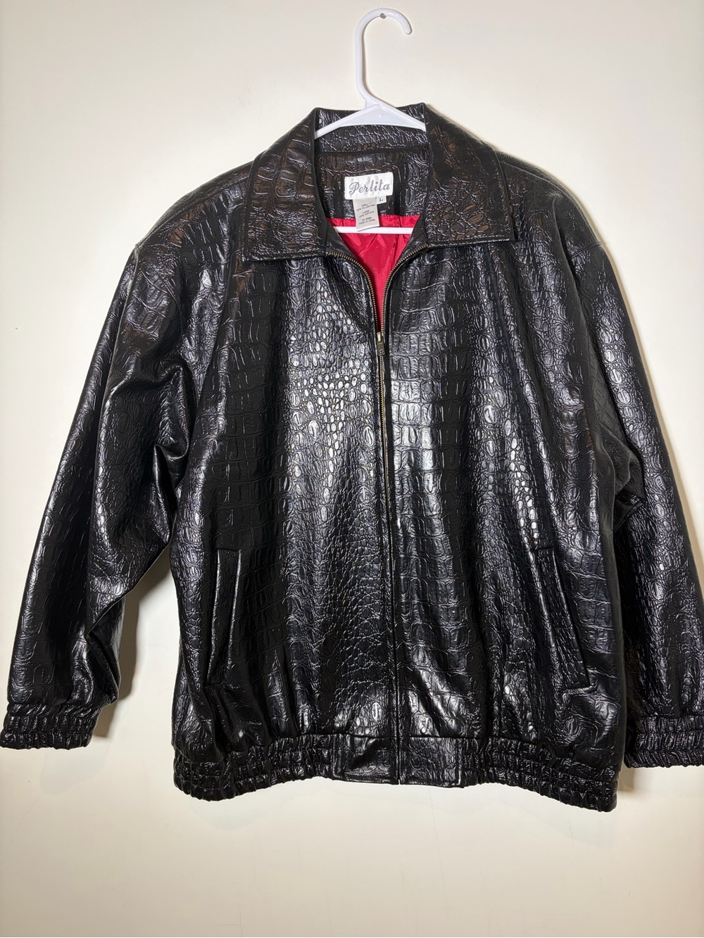 Women’s Large Perlita Faux Leather Black Croc-Embossed Bomber Jacket